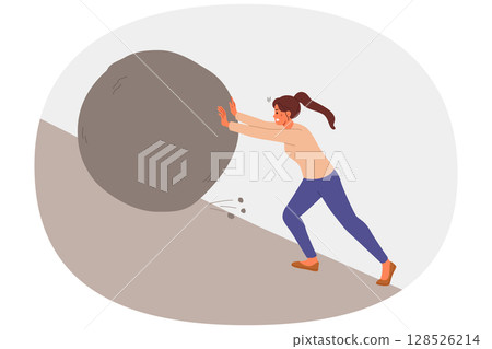 Suffering woman suffers from overload pushing large stone uphill, for concept of huge problems 128526214