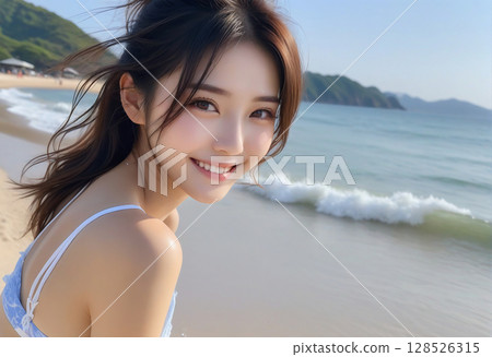 Portrait of a smiling cute girl in a bikini by the beautiful sea 128526315