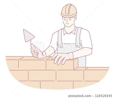 A Highly Skilled Masonry Worker Expertly Laying Bricks with Extreme Precision and Care 128526345