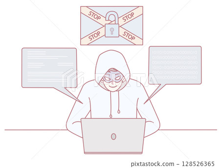 Cybersecurity Threat Alert A Hacker is Actively Working on Their Laptop Surrounded by Warning Signs Cybersecurity Threat Alert A Hacker is Actively Working on Their Laptop Surrounded by Warning Signs 128526365