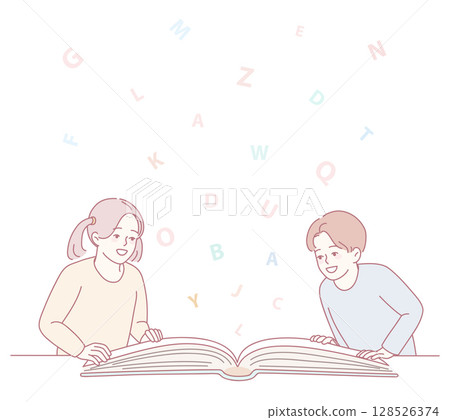 Children read together with colorful floating alphabet letters, fostering creativity and connection 128526374