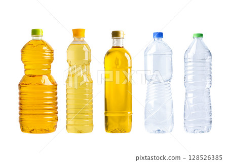 Vegetable oil and water n different bottle for cooking isolated on white background. 128526385