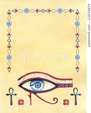 Egyptian god, eye of Horus. Ancient ornament wadjet with geometric patterns, Ankh, sand background. Watercolor isolated illustration on yellow. Culture design, religion icon for souvenir products Egyptian god, eye of Horus. Ancient ornament wadjet with geometric patterns, Ankh, sand background. Watercolor isolated illustration on yellow. Culture design, religion icon for souvenir products 128526624