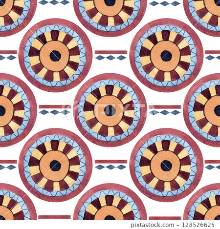 Ethnic seamless pattern, ancient symbols African culture, geometric abstract figures. Watercolor illustration isolated from background. Ornament round circle for textile, souvenir products, fabric Ethnic seamless pattern, ancient symbols African culture, geometric abstract figures. Watercolor illustration isolated from background. Ornament round circle for textile, souvenir products, fabric 128526625