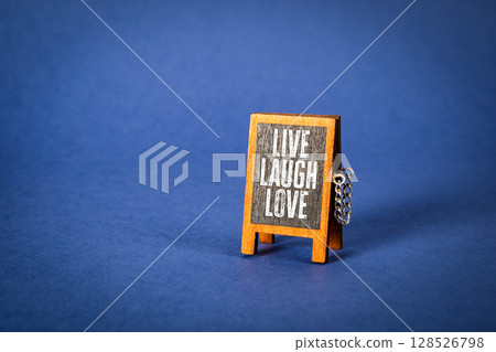 Live Laugh Love. Mini Chalkboard with Inspirational Message on Blue Background 128526798