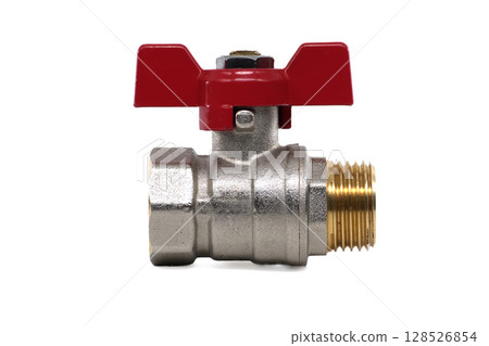 This image showcases a metal ball valve with a red handle, designed for fluid control. This image showcases a metal ball valve with a red handle, designed for fluid control. 128526854