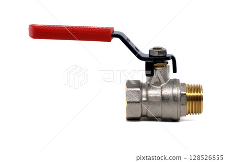 Brass ball valve with a red handle isolated on a white background. 128526855