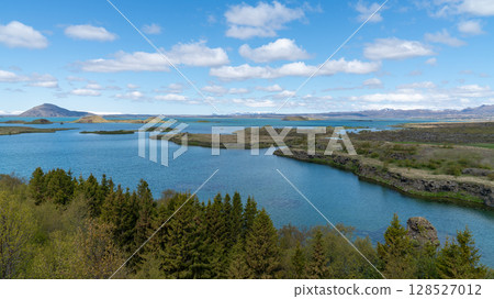 Tranquil summer view of Lake Myvatn in northern Iceland, with calm waters, volcanic terrain, and lush greenery under a bright blue sky. 128527012
