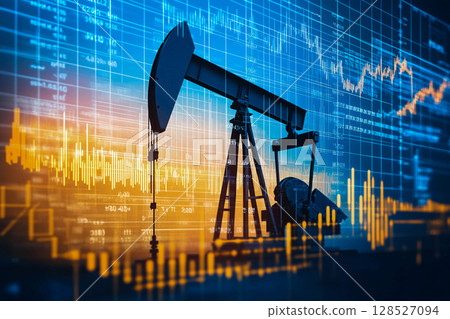 An oil pump is depicted against the backdrop of a cityscape with high-rise buildings and a sunset sky. The image includes a graphic with charts and diagrams that symbolize financial markets An oil pump is depicted against the backdrop of a cityscape with high-rise buildings and a sunset sky. The image includes a graphic with charts and diagrams that symbolize financial markets 128527094