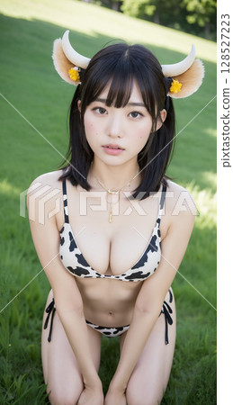 牧場上身穿乳牛印花比基尼的女子 128527223