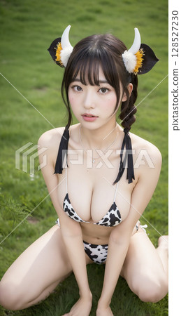 牧場上身穿乳牛印花比基尼的女子 128527230