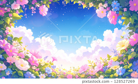 盛開的月見草花和天空的框架材料 128527269