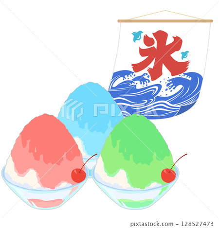玻璃碗中三塊刨冰和一面冰旗的插圖,彩色,無線條 玻璃碗中三塊刨冰和一面冰旗的插圖,彩色,無線條 128527473