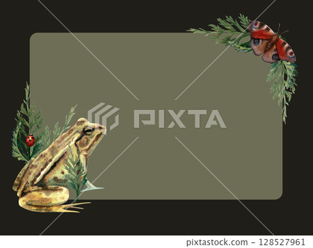 Card sample with frame, frog, butterfly and leaves on dark green color 128527961