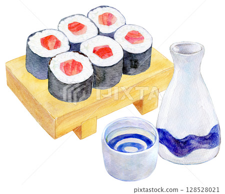 水彩插圖、手繪插圖、鮪魚捲和清酒 水彩插圖、手繪插圖、鮪魚捲和清酒 128528021