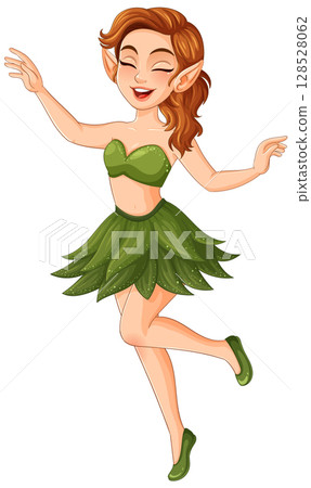 Joyful Fairy Dancing in Green Forest Attire 128528062