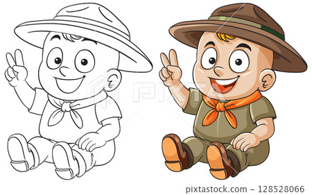 Smiling Boy Scout Sitting and Making Peace Sign 128528066