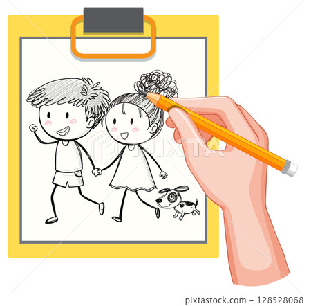 Joyful Doodle of Kids and Dog Joyful Doodle of Kids and Dog 128528068