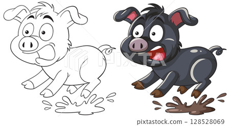 Playful Piglet Jumping in Mud Puddle Playful Piglet Jumping in Mud Puddle 128528069