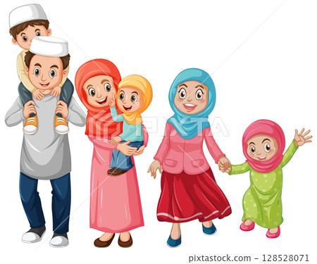 Smiling Muslim Family With Children in Traditional Clothing 128528071