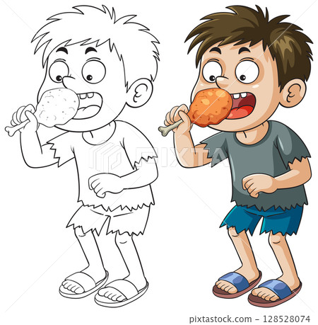 Cartoon Boy Enjoying a Drumstick Illustration Cartoon Boy Enjoying a Drumstick Illustration 128528074