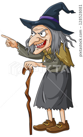Elderly Witch Pointing with Wooden Staff Elderly Witch Pointing with Wooden Staff 128528081