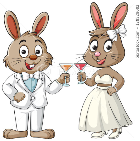 Cartoon Bunny Wedding Couple Toasting with Cocktails Cartoon Bunny Wedding Couple Toasting with Cocktails 128528082