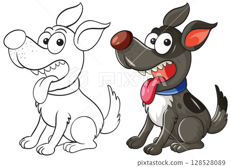 Cartoon Dog Illustration with Color and Outline Versions 128528089