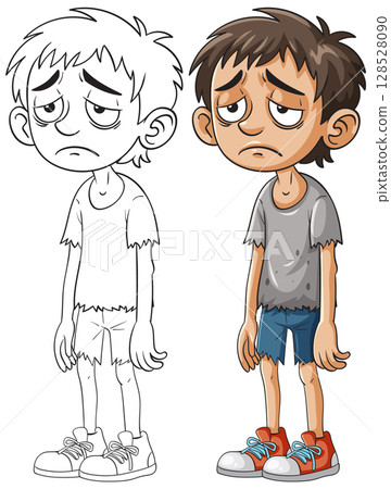 Sad Boy in Tattered Clothes Vector Illustration 128528090