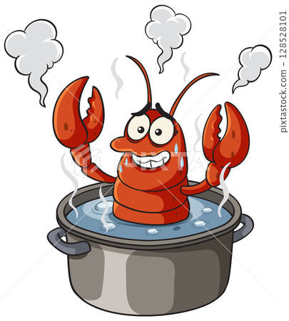 Cartoon Lobster in Boiling Pot Illustration Cartoon Lobster in Boiling Pot Illustration 128528101