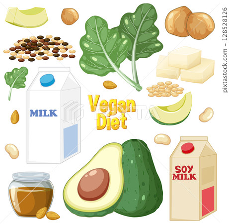 Vegan Diet Essentials Vector Illustration 128528126