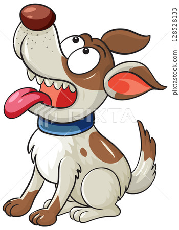 Cartoon Dog Sitting with Tongue Out and Blue Collar 128528133