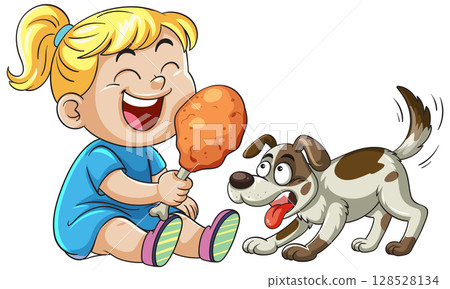 Smiling Girl Holding Chicken Drumstick with Playful Dog 128528134
