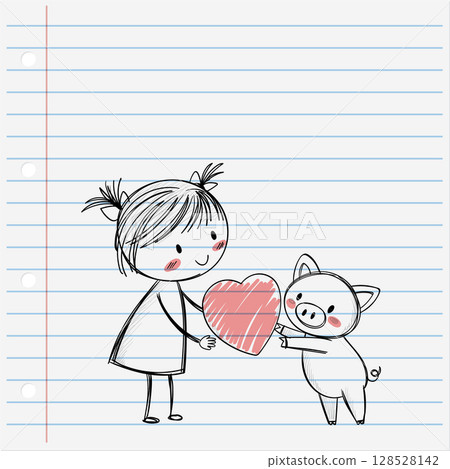 Girl and Pig Sharing a Heart 128528142