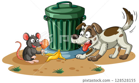 Dog Confronts Rat Eating Food Near Trash Can Dog Confronts Rat Eating Food Near Trash Can 128528155