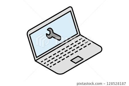 Car online diagnostics image spanner symbol and laptop, simple and cute isometric line drawing icon 128528187