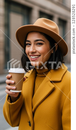 Smiling woman in autumn outfit enjoying coffee on a city street 128528291
