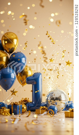 First birthday celebration with blue balloons and disco theme for festive decor 128528292