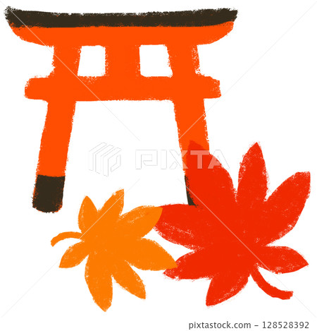 蠟筆觸:秋葉季節的神社,手繪插圖 蠟筆觸:秋葉季節的神社,手繪插圖 128528392