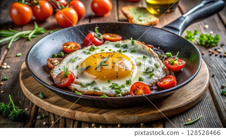 Breakfast of scrambled eggs, sausages in a black plate.  128528466