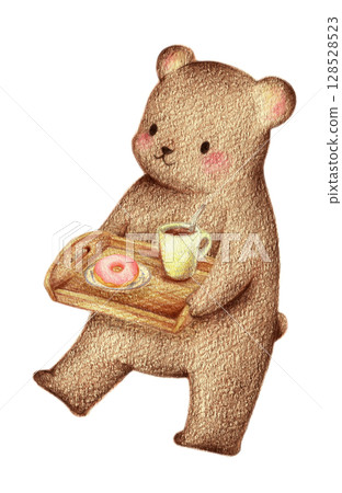 A bear carrying donuts and coffee on a tray - hand-drawn with colored pencils A bear carrying donuts and coffee on a tray - hand-drawn with colored pencils 128528523