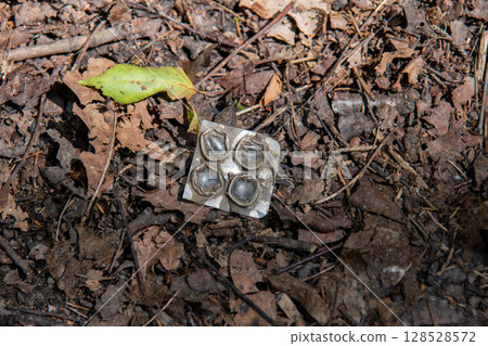 Discarded Empty Pill Blister Pack Littering a Forest Floor Discarded Empty Pill Blister Pack Littering a Forest Floor 128528572