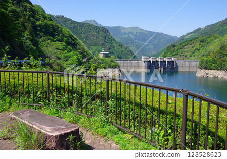 View of Tomisato Dam from Seino Observation Plaza in Shikokuchuo City, Ehime Prefecture View of Tomisato Dam from Seino Observation Plaza in Shikokuchuo City, Ehime Prefecture 128528623