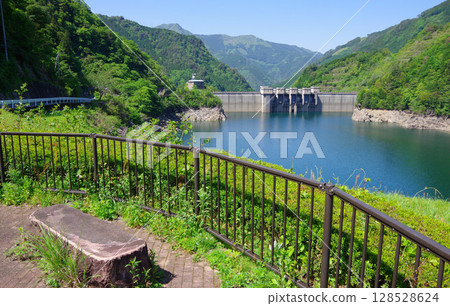 View of Tomisato Dam from Seino Observation Plaza in Shikokuchuo City, Ehime Prefecture View of Tomisato Dam from Seino Observation Plaza in Shikokuchuo City, Ehime Prefecture 128528624