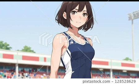 站在田徑場上的女運動員（身穿動漫風格製服） 128528629