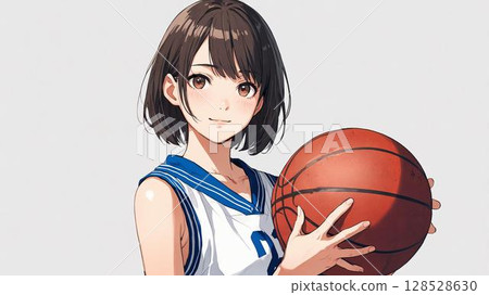 拿著籃球的女學生運動員（微笑，動漫風格） 128528630