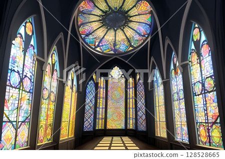 遊戲背景：彩色玻璃窗反射美麗光芒的世界風景 128528665