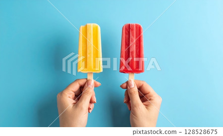 Woman's hand holds colorful fruit ice cream bar 128528675