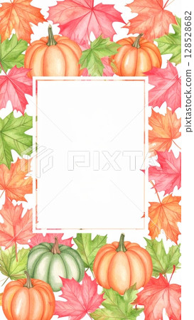 Autumn frame with colorful fall leaves, pumpkins, and maple foliage vector illustration Autumn frame with colorful fall leaves, pumpkins, and maple foliage vector illustration 128528682