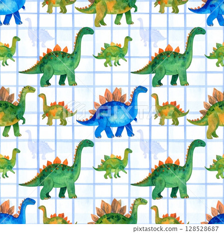 Colorful cartoon dinosaurs in a seamless pattern featuring T-Rex, Stegosaurus, and other prehistoric reptiles 128528687